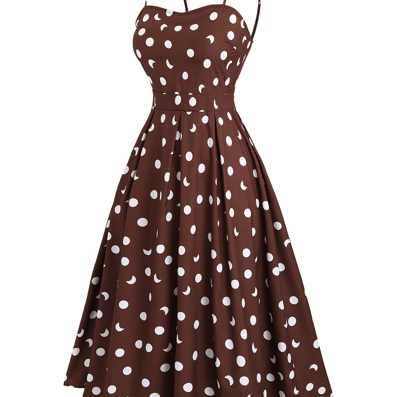 Plus Size Women's Elegant Off-Shoulder Polka Dot Midi Dress - Brown with White Circles, Flowy Skirt & Zipper Back, Machine Washable Summer Dress for Casual & Formal Occasions, Seasonal Fashion, Chic Style, Smooth Fabric, Styl