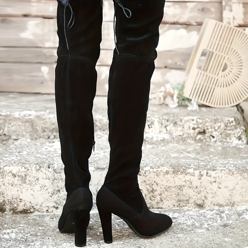 Women's Solid Colored Long Boots With Thick Heels And Side Zippers, Knee Boots, Winter Lace Round Toe Repair Boots