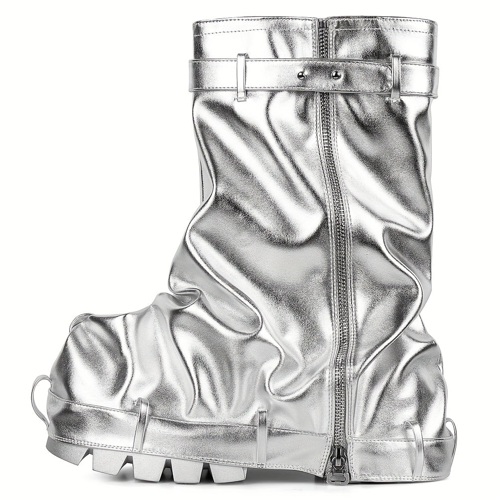 Chic Cool Women'S Round Toe Pleated Loose Chunky Heels Zipper Fashion New Year Party Winter Mid Calf Boots