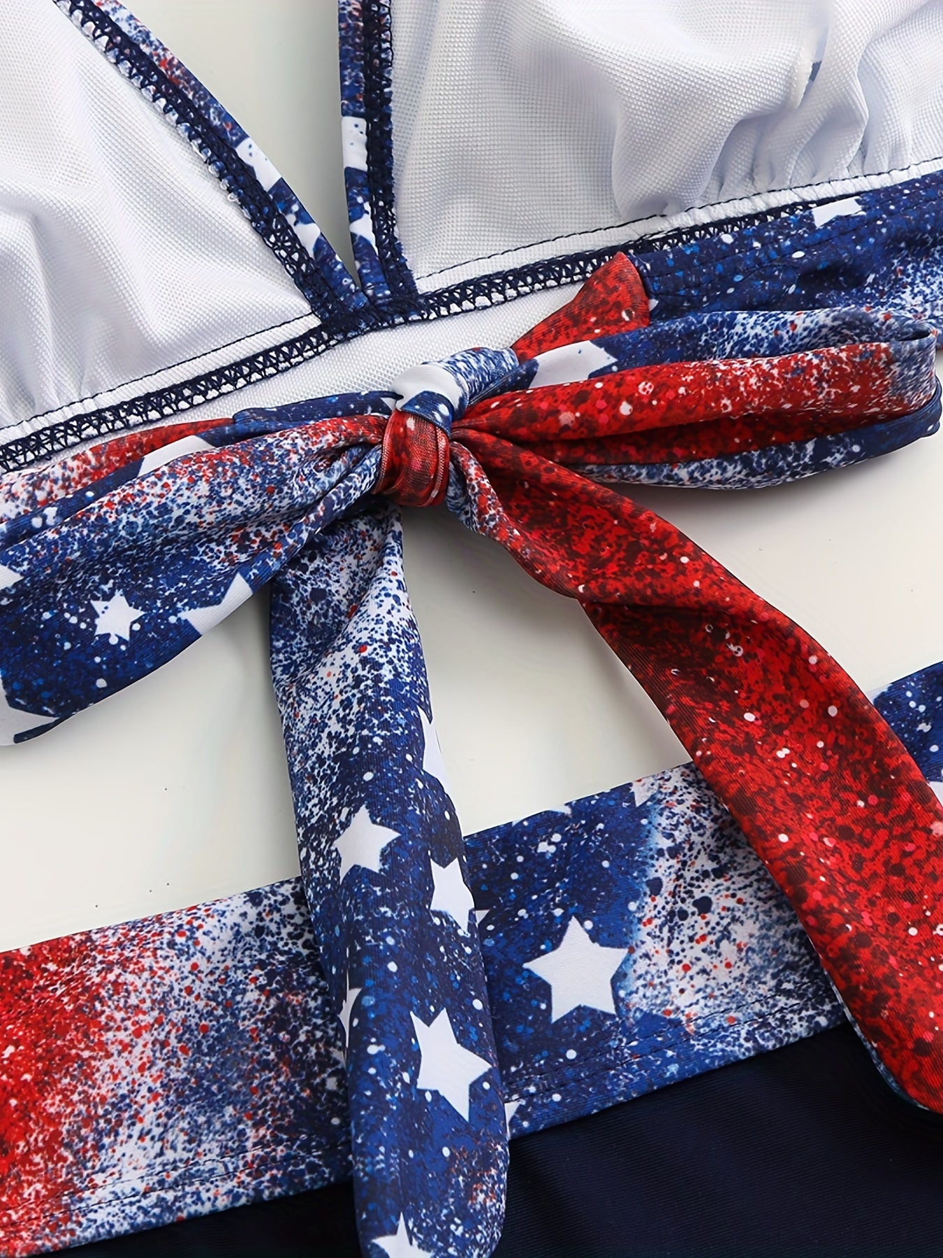 Patriotic Glitter Print Halter Neck Bikini Set, Long Sleeve Swimwear with Lace-up Detail, High Stretch Polyester & Spandex Knit Fabric, 195gsm Thickness, Conventional Bottom, American Flag Design for Swimming