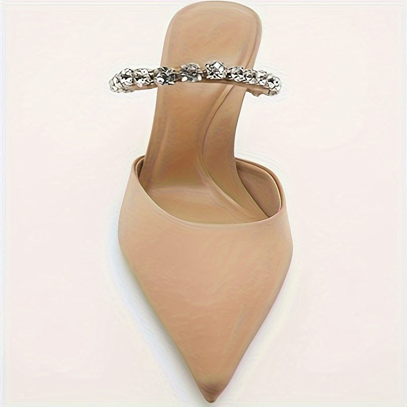 Women's Backless High Heels, Rhinestone Pointed Toe Slip On Stiletto, Elegant Banquet & Party Shoes