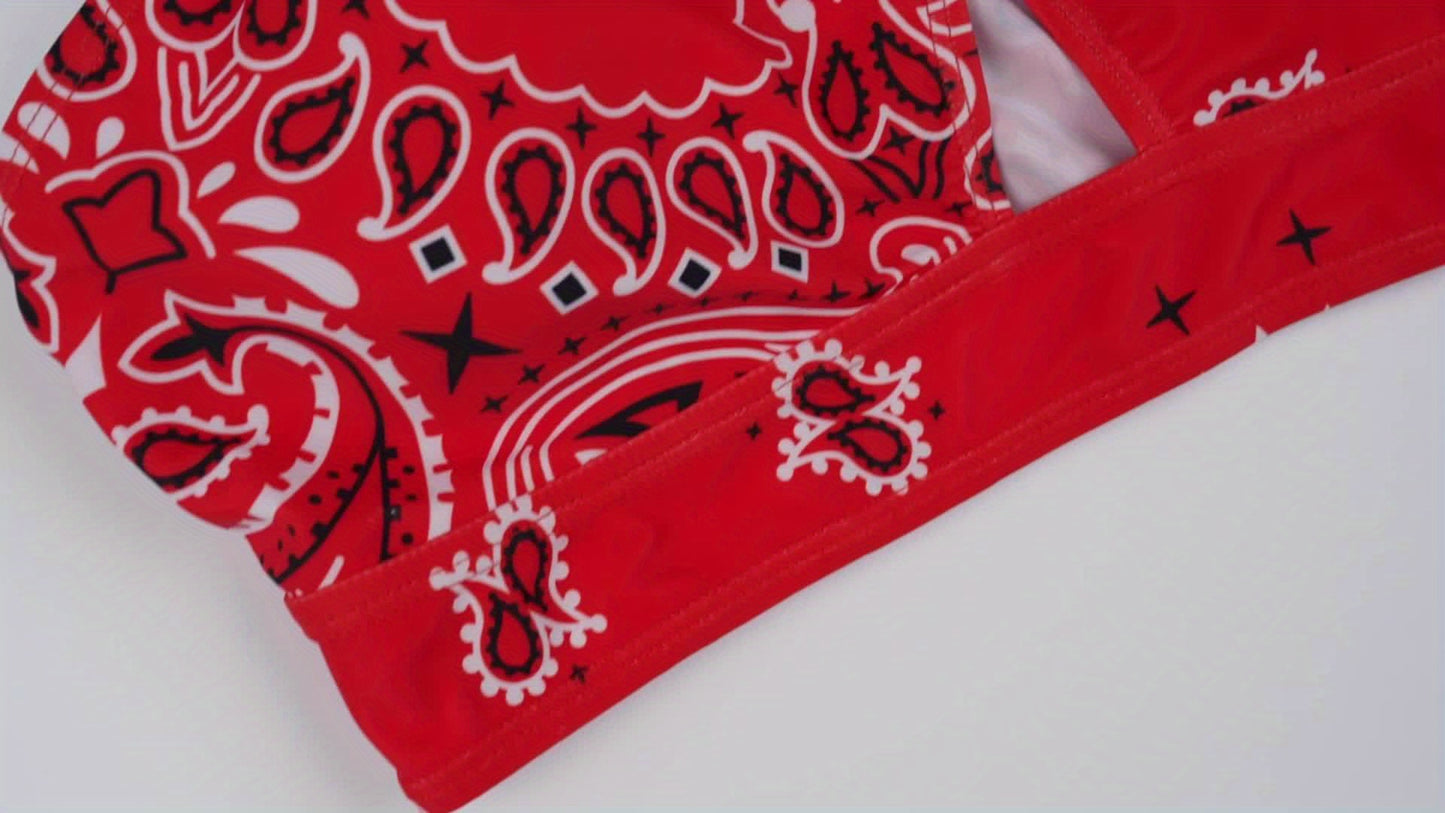 Red & Black Paisley Floral Print Bikini Set - Fashionable Keyhole & Criss Cross, Ultra-Stretch 2-Piece Swimsuit with Chic Knot Sides - Womens Resort-Ready Swimwear Clothing