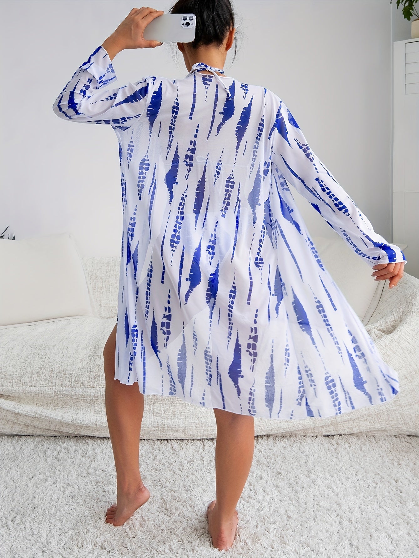 Women'S Strapless Bikini Set with Long Sleeve Cover-Up - High Stretch Polyester & Elastane, Random Print, Knit Fabric, Cross Strap Detail, Swimwear with Shorts Bottom, No Belt, 220g/m² Fabric Weight, 125g/m² Lining Weight