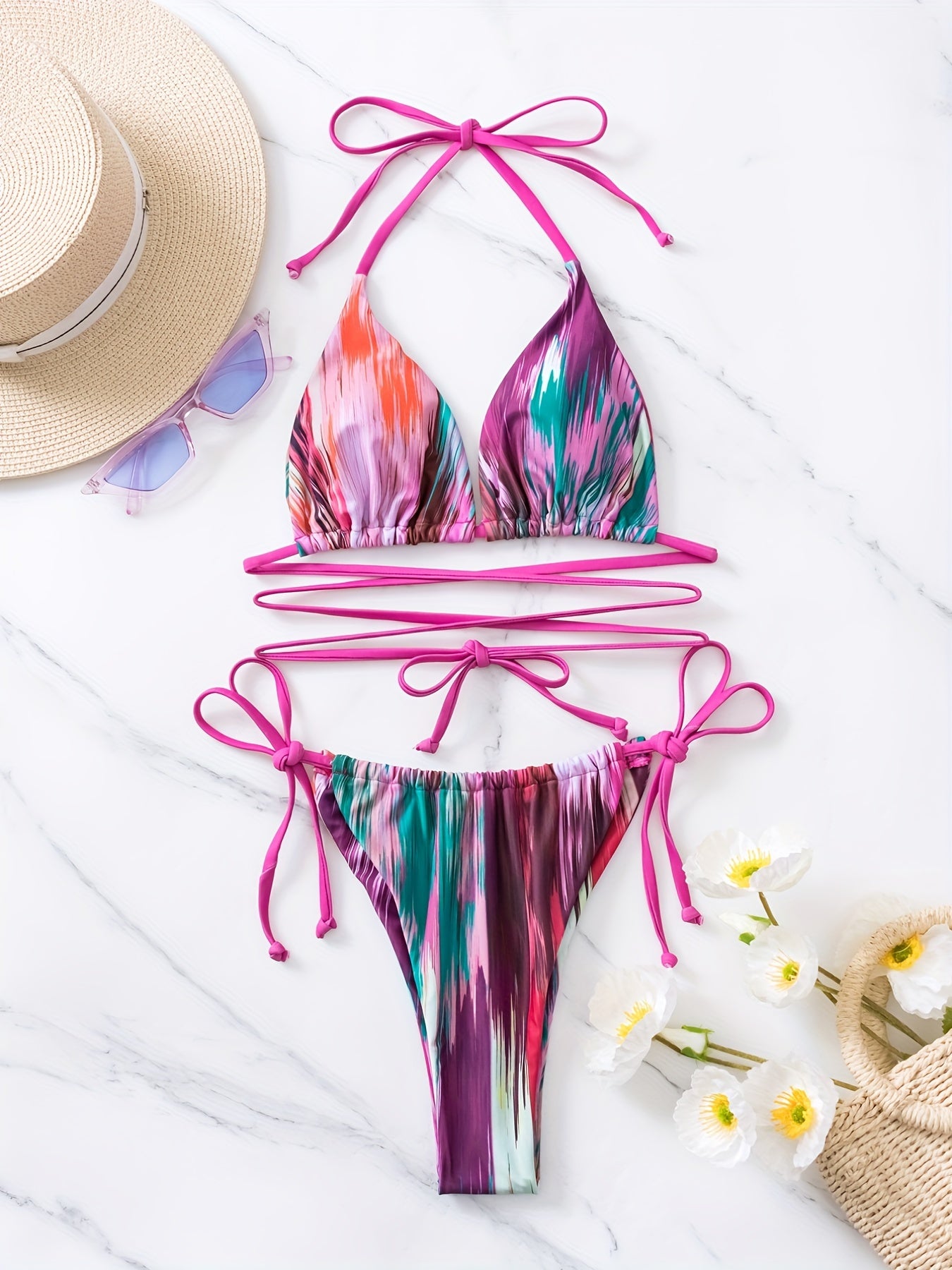 Two-Piece Multicolored Halter Neck Bikini Set - High Stretch, Lace-Up, Triangle Tie Back, Backless, High Cut, Random Print - Womens Swimwear & Clothing