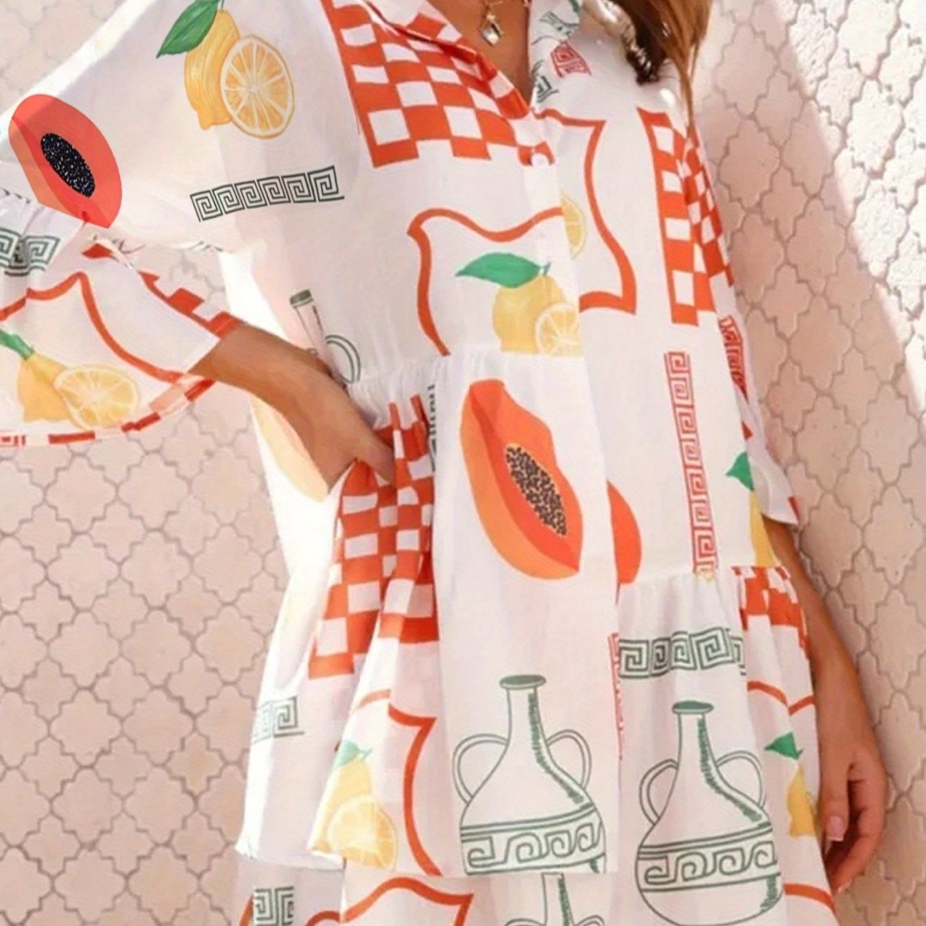 Plus Size Fruit Print Dress - Vibrant Lemon, Orange & Pomegranate Design with Checkered Background, Casual Vacation Style, Machine Washable, Women’s Loose-Fit Summer Dress, Easy Maintenance Clothing | Flowy Fabric Outfit
