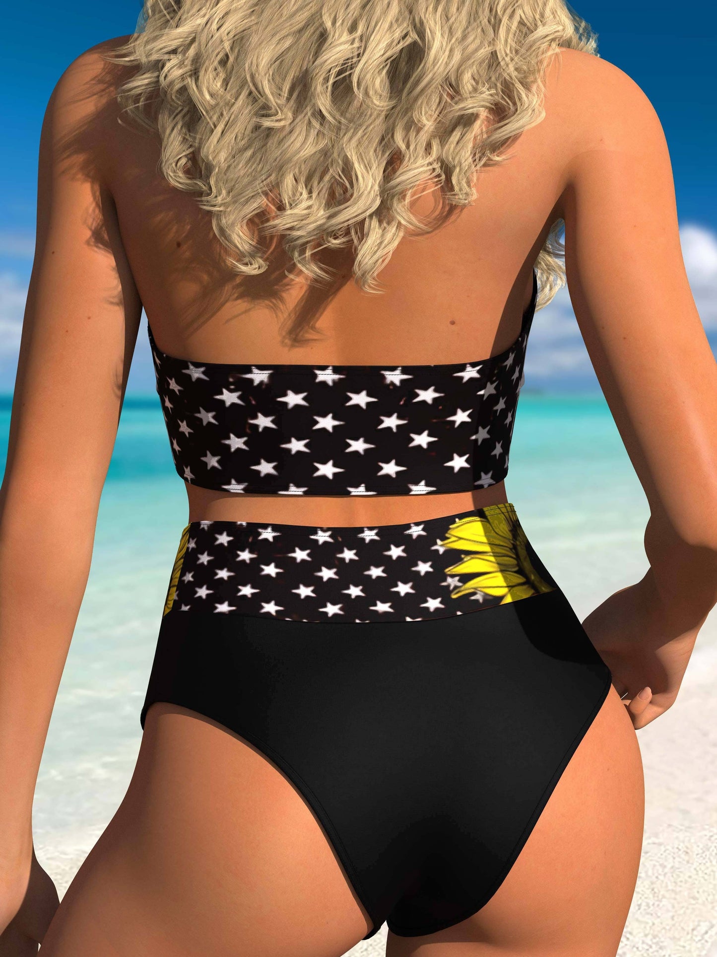 Plus Size Casual Bikini Set, Women's Plus Star & Sunflower Print Halter Neck Top & Underwear Swimsuit 2 Piece Set