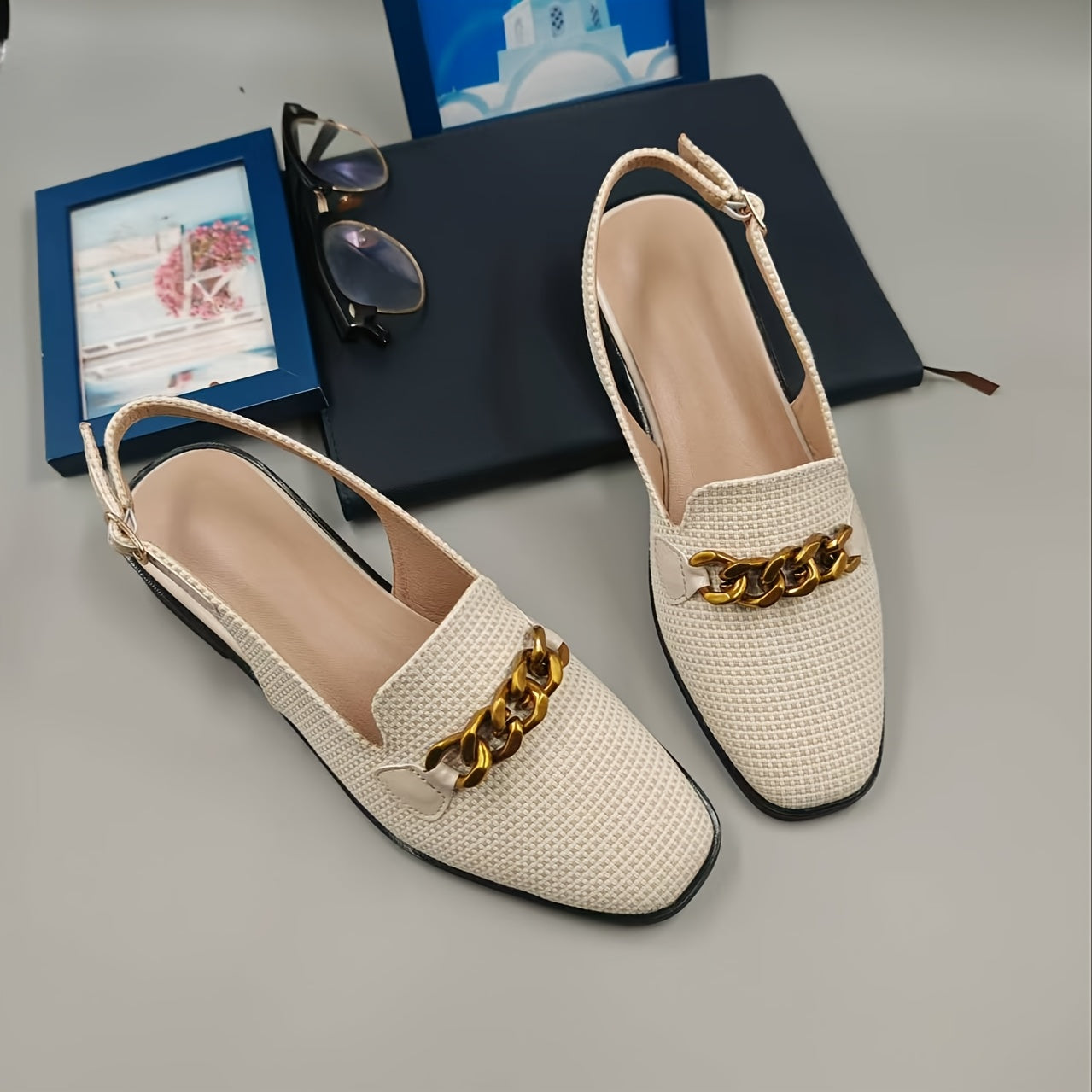 Elegant Women's Square Toe Sandals with Golden Chain Detail, Beige Linen Upper & Brown TPU Sole, Comfortable Low Heel Design for Parties, Office, and Casual Wear, Party Sandals | Square Toe Heels | Polyurethane Insole, High H