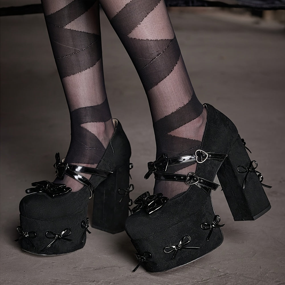 Stylish Black Cover High Heels with Decorative Bow Pendant – Comfortable Block Heel Pumps for Women, Perfect for Formal Occasions, Summer Vacations, and Gothic Style