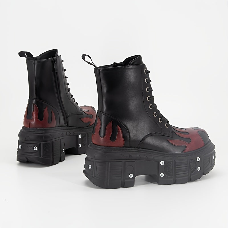 Halloween Women'S Flat Platform Ankle Boots Black High Heels Round Toe Thick Sole Mid Calf Booties Metal Decor Y2K Fashion Sports Shoes