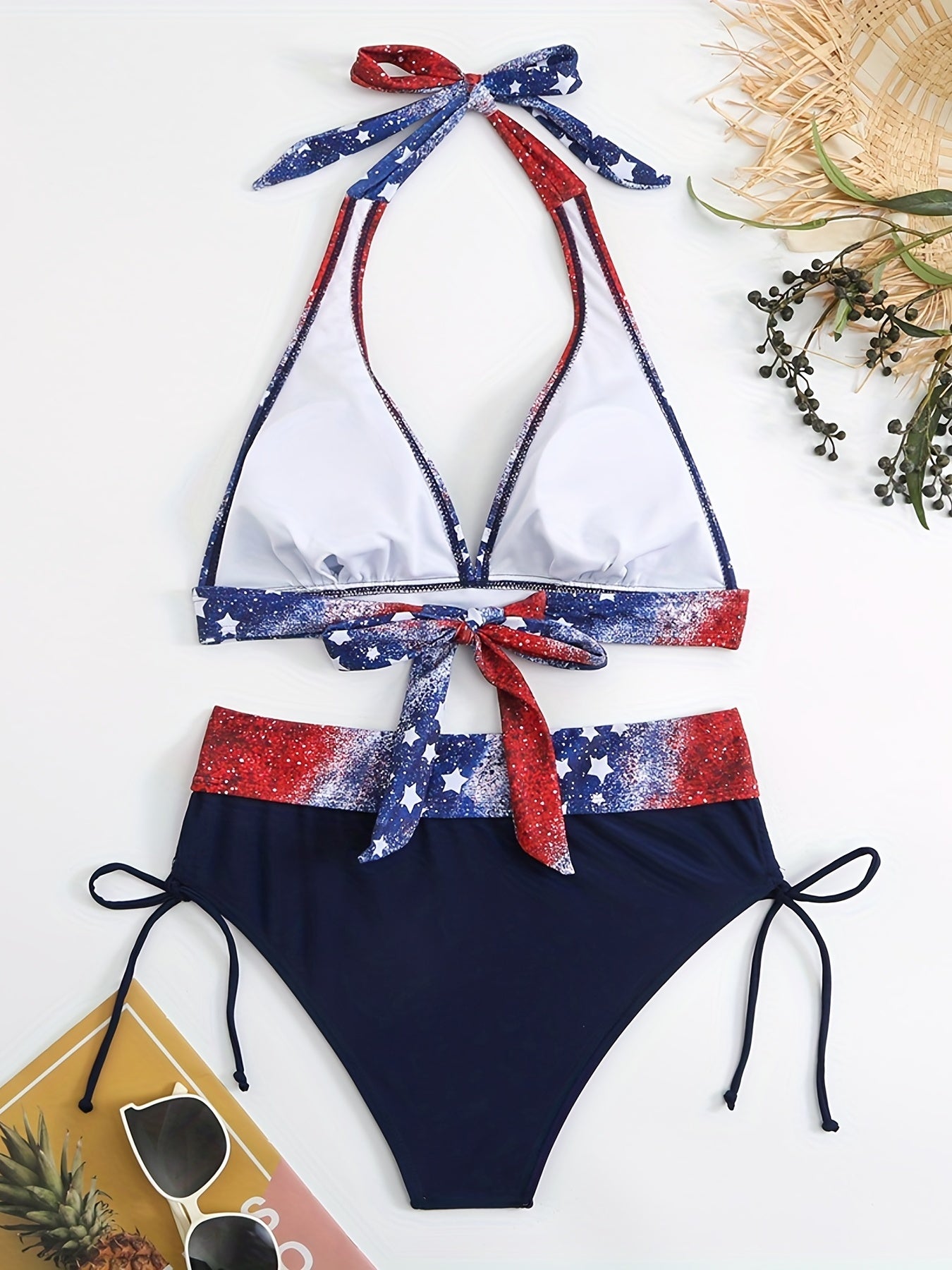 Patriotic Glitter Print Halter Neck Bikini Set, Long Sleeve Swimwear with Lace-up Detail, High Stretch Polyester & Spandex Knit Fabric, 195gsm Thickness, Conventional Bottom, American Flag Design for Swimming