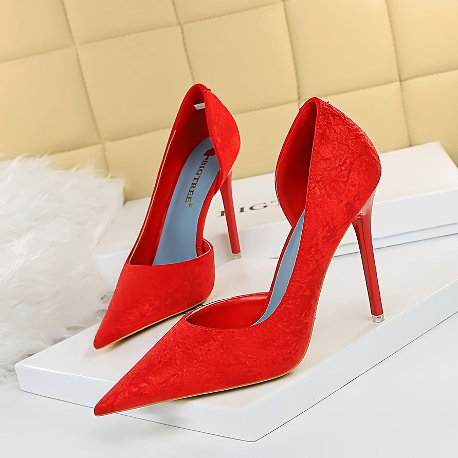 Chic & Sexy Women's Stiletto Heels - Pointed Toe, Side Cut-Out Design, Lightweight Fabric Upper With Pu Cover Lining