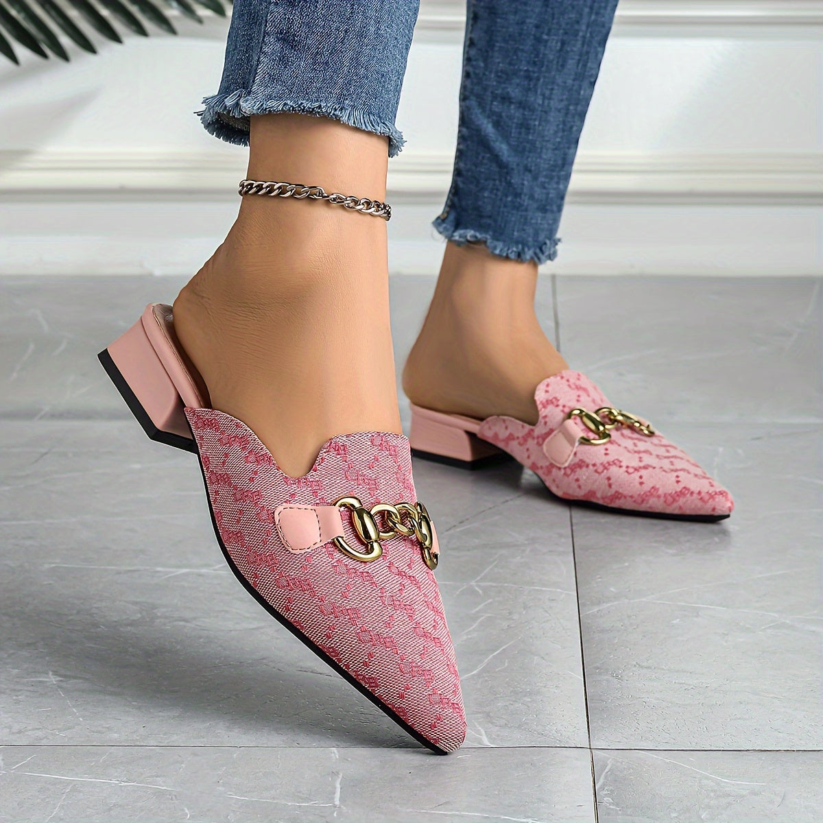 Women's Chain Decor Chunky Heel Sandals, Fashion Pointed Toe Dress Pumps, Stylish Slip On Heels