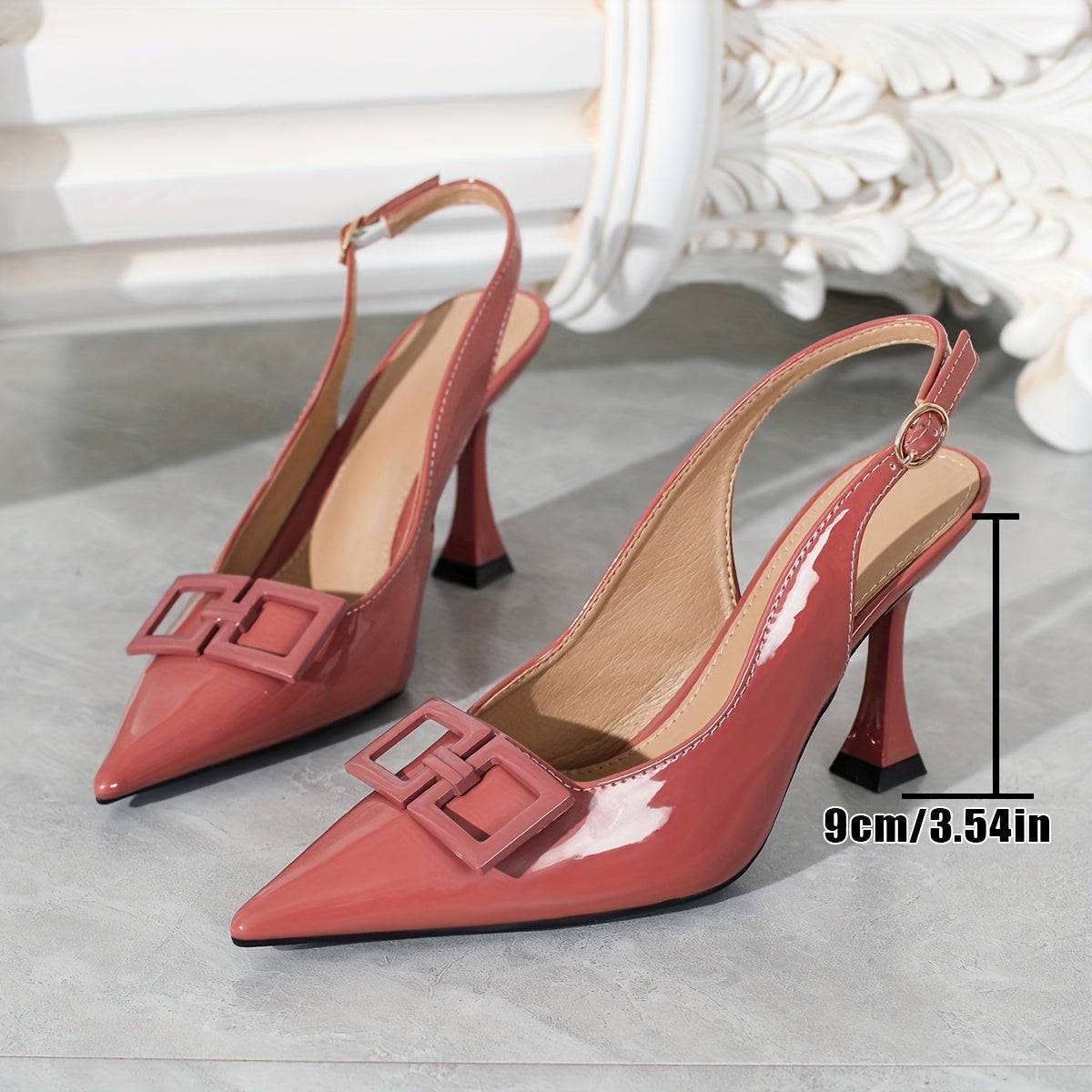 1 Pair of Elegant Pointed-Toe Stiletto Heels with Metallic Buckle Decor - Glossy Pink Faux Cover Dress Pumps for Weddings, Parties & Casual Attire, High Heel Women’s Shoes, Wedding Heels | Metallic Buckle Accent | Stylish C