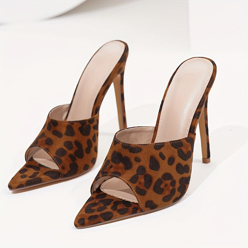 Chic Leopard Print Stiletto Sandals for Women - Sexy Pointed Toe, Slip-On High Heels with Slingback Design, Summer Fashion