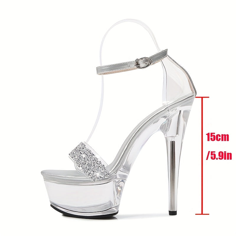 Women'S Sexy Stiletto Heels, Ultra-High Transparent Crystal Shoes with Steel Toe & Ankle Strap, Round Toe Platform Dress Shoes for Night Out, Party Show, All-Season Wear, Stylish Black & Clear Design, Party Footwear | Elegant