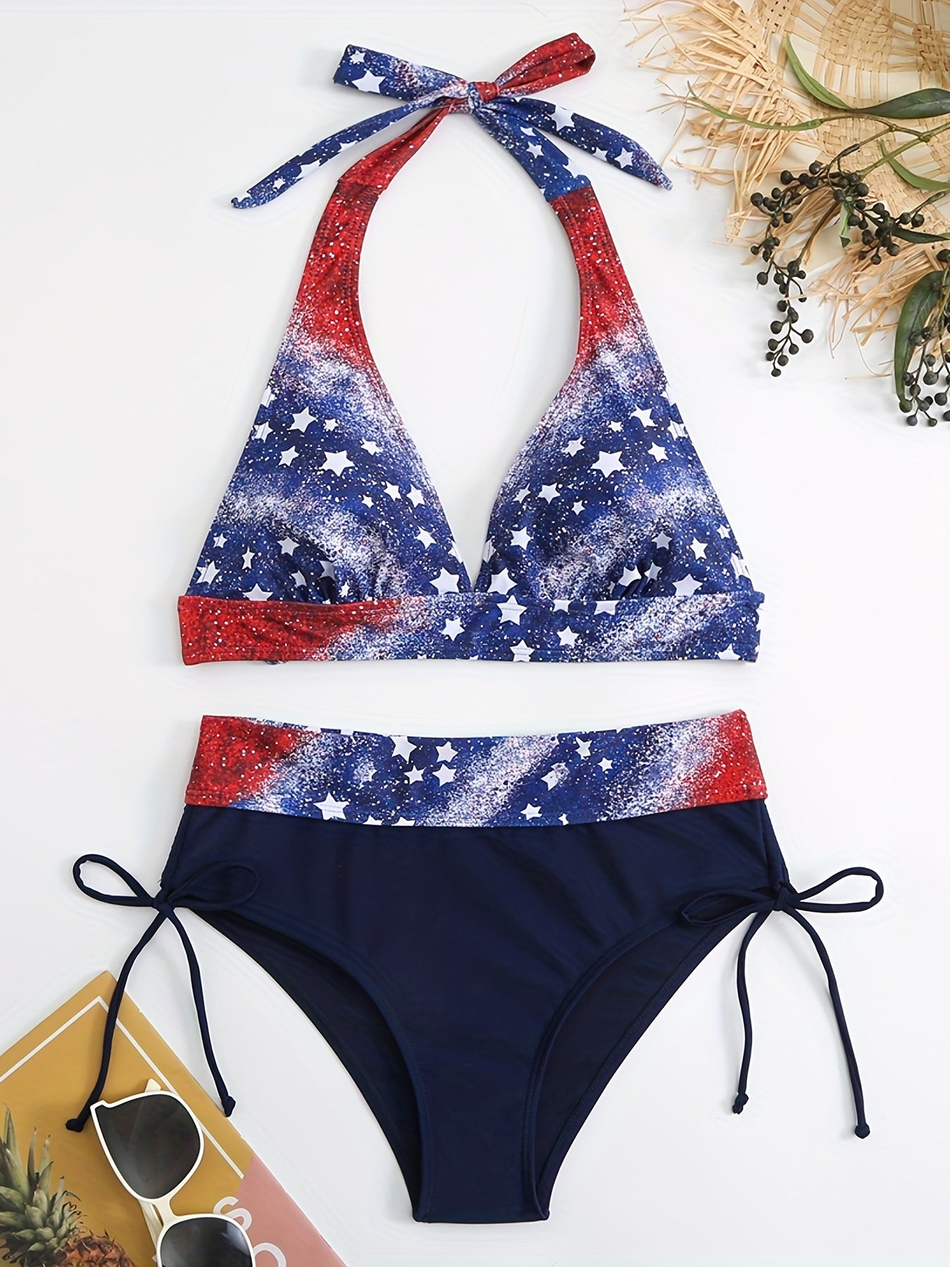 Patriotic Glitter Print Halter Neck Bikini Set, Long Sleeve Swimwear with Lace-up Detail, High Stretch Polyester & Spandex Knit Fabric, 195gsm Thickness, Conventional Bottom, American Flag Design for Swimming
