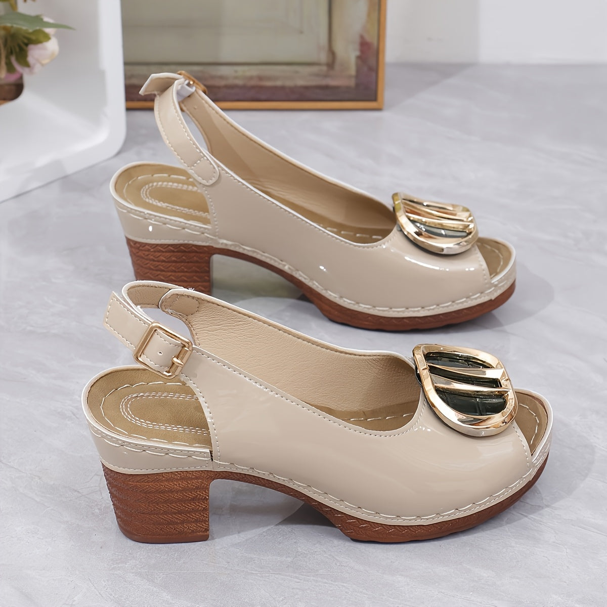 1 Pair Fashion Summer Sandals for Women, Solid Color Open Toe Block Heel Pumps with Buckle Closure, PU Upper/Inner/Sole/Insole, Versatile One-Strap High Heels for Dresses