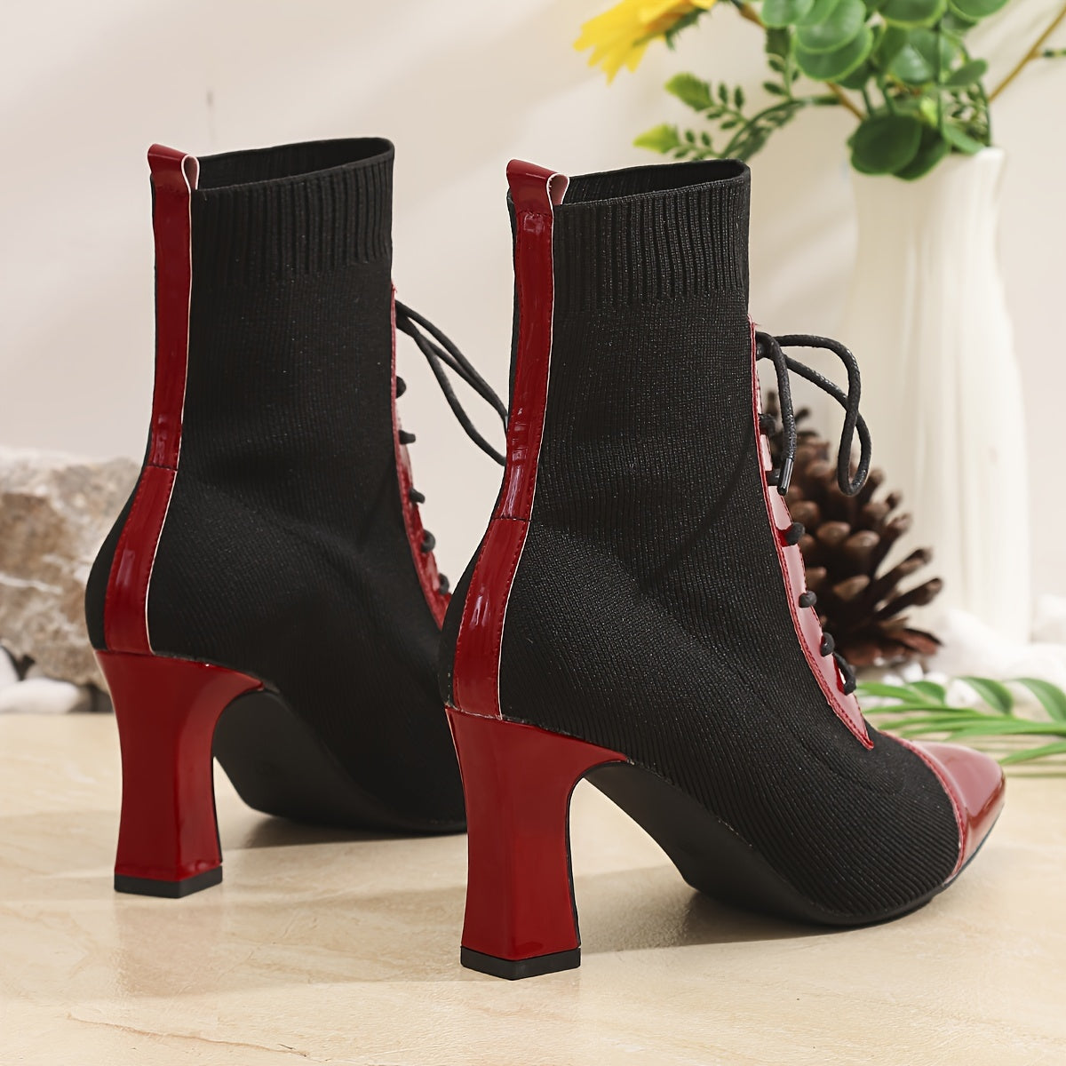 Black and Red Classic Combination Pointed Women's High Heels Short Boots Thick Heels with Adjustable Laces Comfortable Street Shoes Outdoor Boots