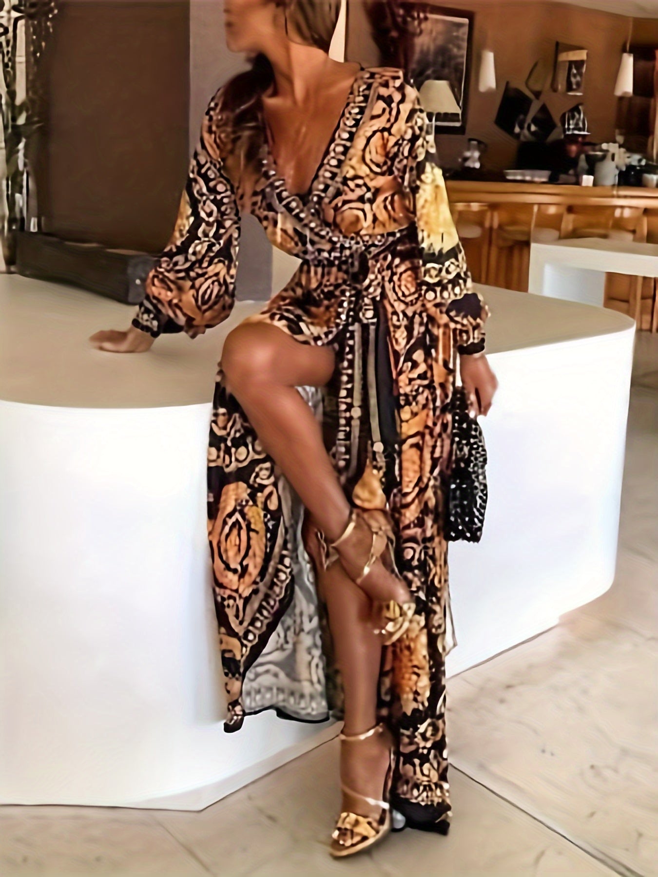 Women Bohemia Dress - Long Sleeve Deep V-Neck Outfit, High Split Waist Design Long Summer Dress for Beach, Vacation - Lightweight & Flowy Fabric - Perfect for Summer Vacations & Beach Trips - Ideal Gift for Women