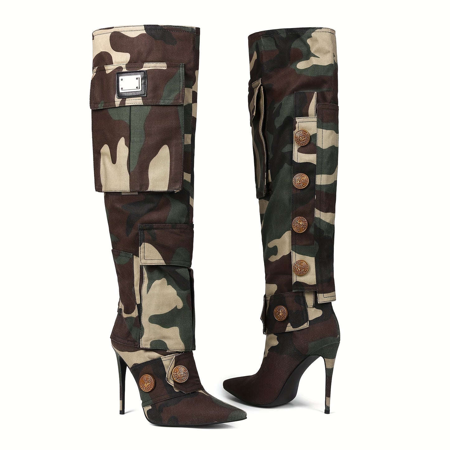 Women Tried Knee-high Boots Pointed High Heels Asymmetrical Camouflage Willow Nails Fashion Locomotive Sexy Banquet Stilettos Mandarin Duck Shoes