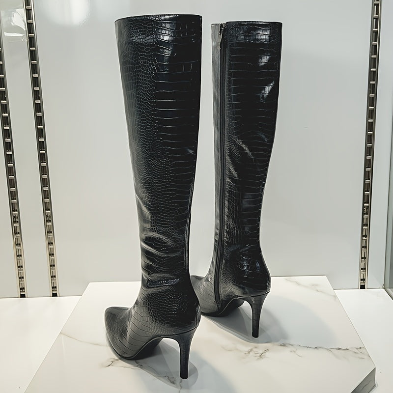 VIPMRSKING Women's Knee-High Boots - Sexy Glossy Croc-Embossed Stiletto Heels with Pointed Toe, Side Zipper Closure, Fabric Insole and Rubber Sole - Ultrahigh Heel Fashion Footwear from Huizhou