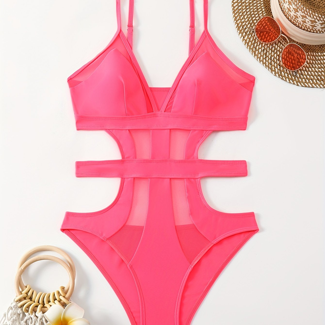 Solid Color Mesh Contrast Cut Out One Piece Swimsuit, V Neck Spaghetti Strap High Cut Stretchy Bathing Suits, Women's Swimwear & Clothing for Koningsdag/King's Day