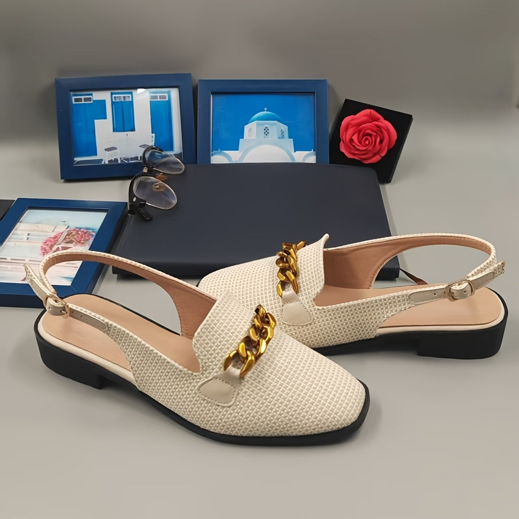 Elegant Women's Square Toe Sandals with Golden Chain Detail, Beige Linen Upper & Brown TPU Sole, Comfortable Low Heel Design for Parties, Office, and Casual Wear, Party Sandals | Square Toe Heels | Polyurethane Insole, High H