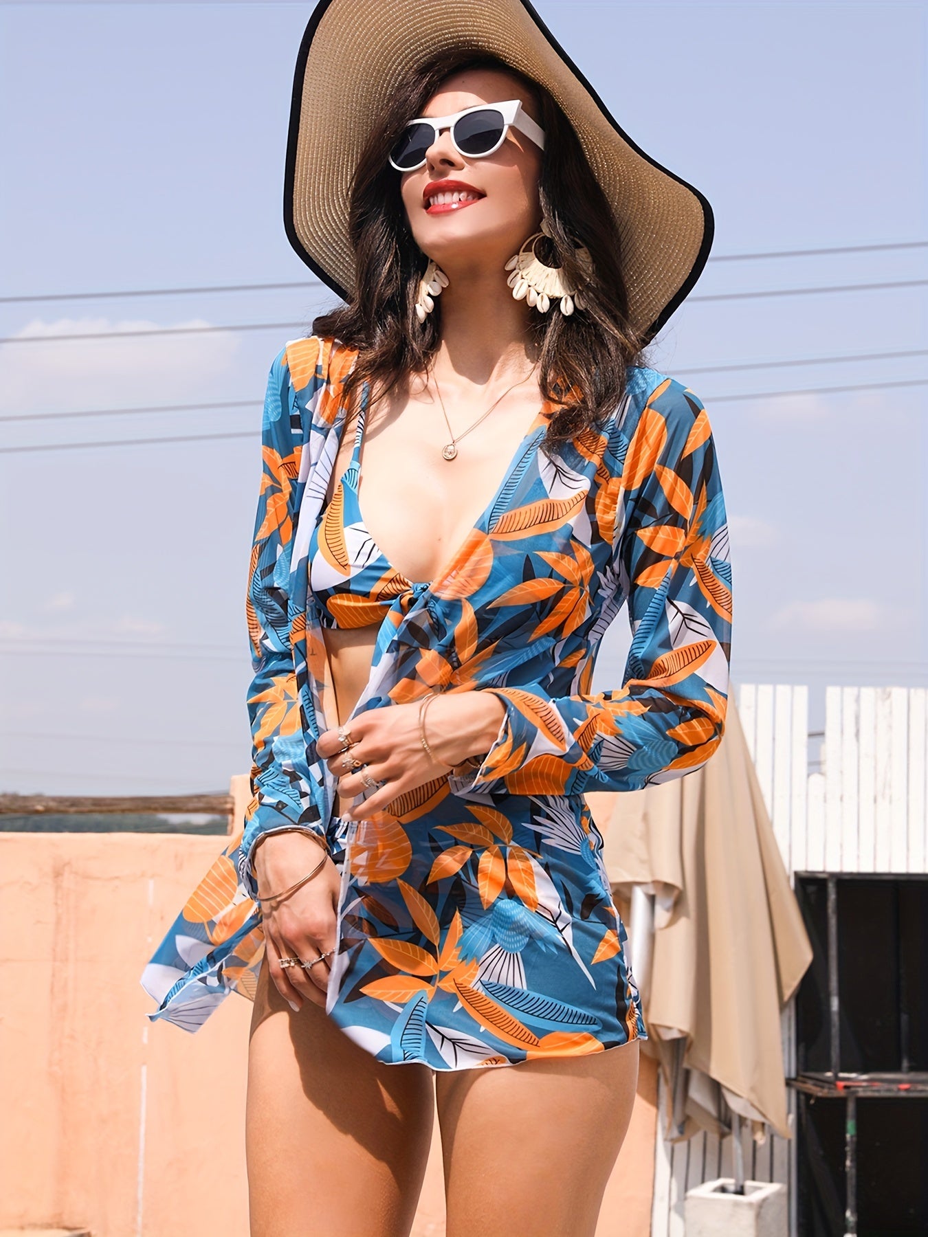 Leaf Print Tie Front Ring Belt Decor 3 Piece Swim Suit, Spaghetti Strap Stretchy Bikini With Open Front Long Sleeve Cover Up, Women's Swimwear & Clothing