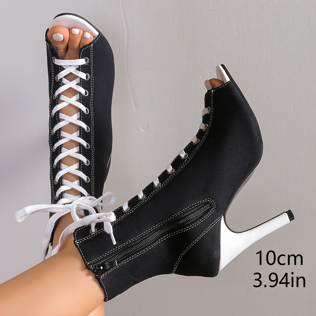 Women's Black Ankle Boots with Lace-Up Closure, High Stiletto Heels & Peep Toe Design - Summer Fashion Shoes for Stylish Occasions, Chic Daywear Boots | Laceup Boots | Fabric Upper Boots, High Heel Boots