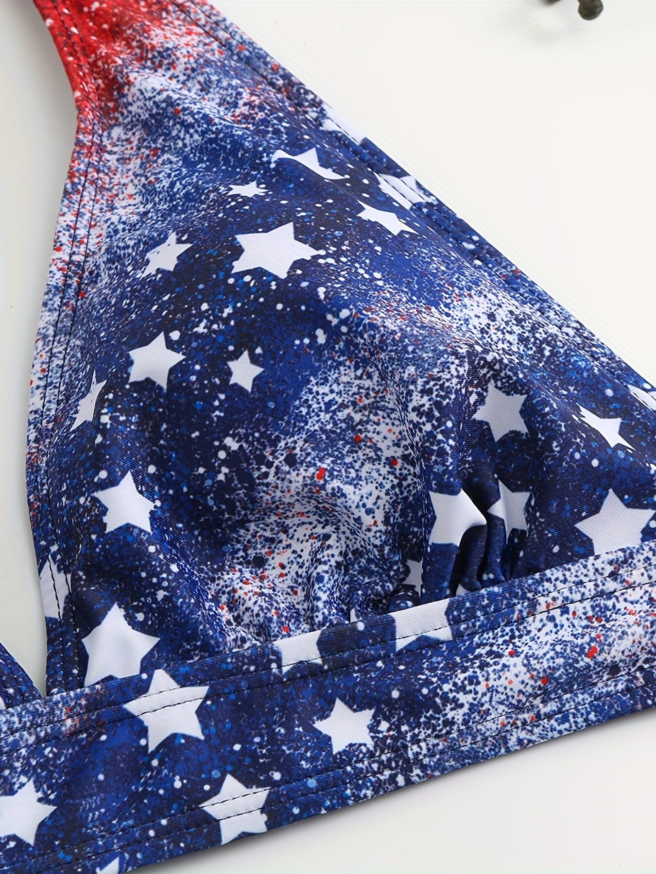 Patriotic Glitter Print Halter Neck Bikini Set, Long Sleeve Swimwear with Lace-up Detail, High Stretch Polyester & Spandex Knit Fabric, 195gsm Thickness, Conventional Bottom, American Flag Design for Swimming