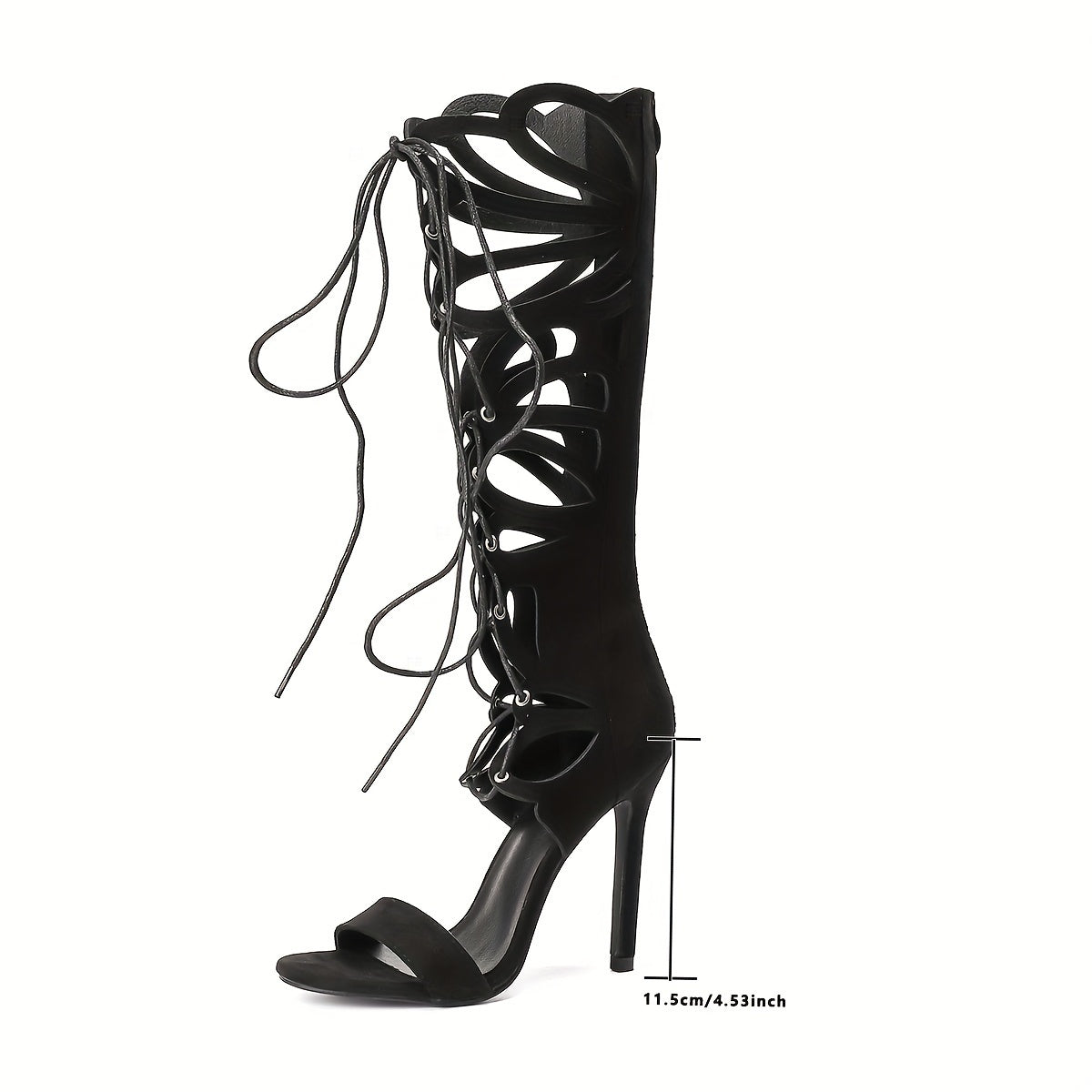 Black Laser-Cut Open-Toe Ankle Boots with Lace-Up Straps and Stiletto Heels - Elegant Cover-Like Fabric High-Heel Fashion Boots for Year-Round Style, Summer Sandals | Gothic Style Boots | Zipper Closure