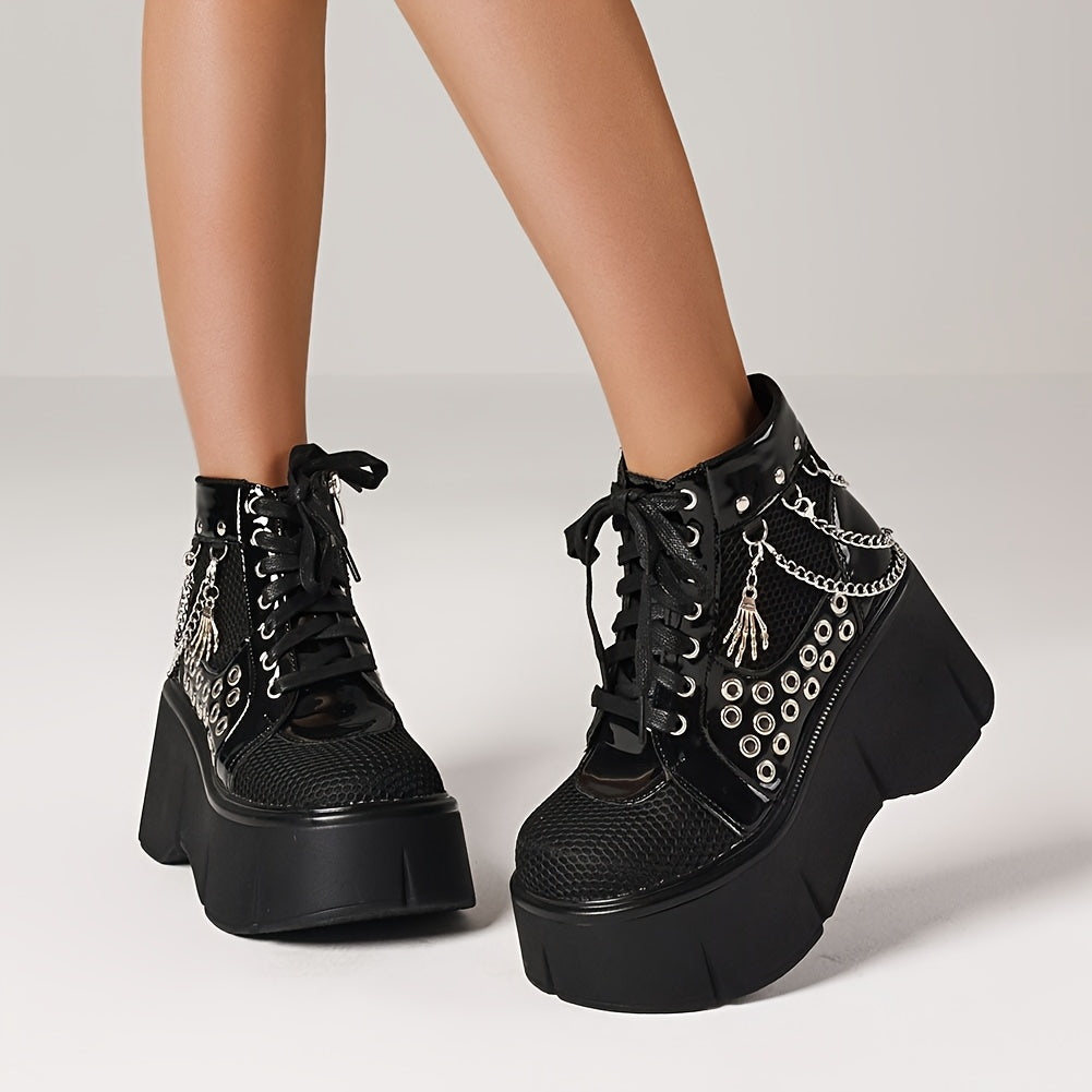 Women's Gothic Punk Ankle Boots with Chain Accents, Round Toe Platform Wedge Heels, Side Zipper & Shoelace Closure, Fashionable Cosplay Party Street Shoes, Ladies Dress Shoes