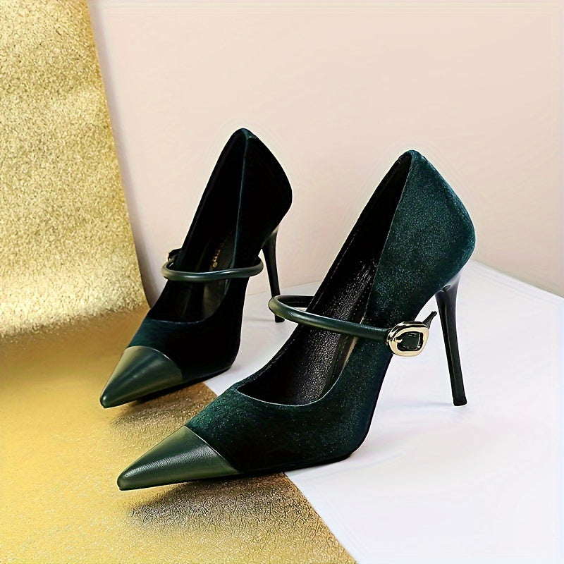 Women's Solid Color Stiletto Heels, Elegant Point Toe Dress Pumps, Fashion Buckle Strap Party Heels