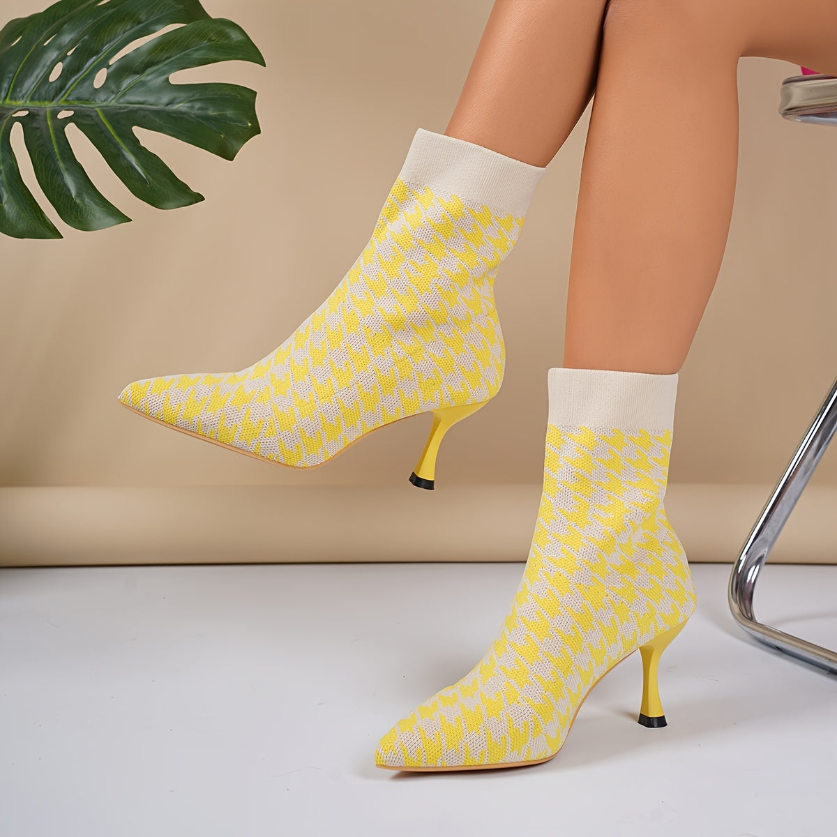 Women'S Elegant Houndstooth Sock Booties, Pointed Toe Stiletto High Heels, Slip-on Dress Boots for All Seasons, Comfortable Dress Footwear for Parties and Banquets
