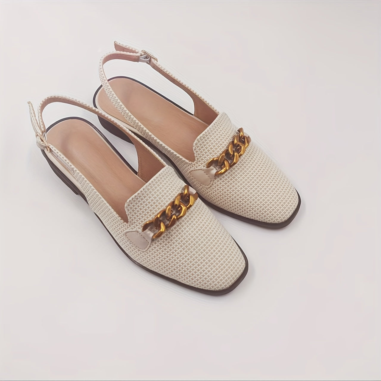 Elegant Women's Square Toe Sandals with Golden Chain Detail, Beige Linen Upper & Brown TPU Sole, Comfortable Low Heel Design for Parties, Office, and Casual Wear, Party Sandals | Square Toe Heels | Polyurethane Insole, High H