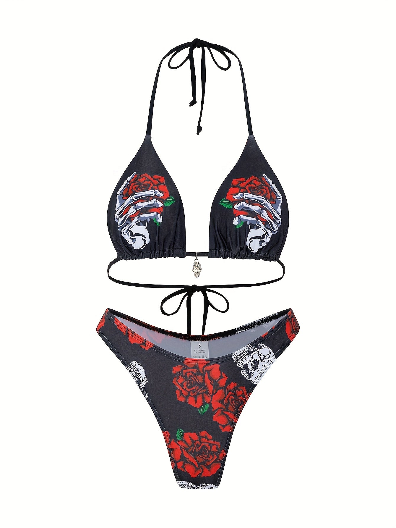 Halloween Skeleton & Flower Print Triangle 2 Piece Set Bikini, Spaghetti Strap Backless Stretchy Gothic Style Swimsuits, Women's Swimwear & Clothing Carnaval & Music Festival