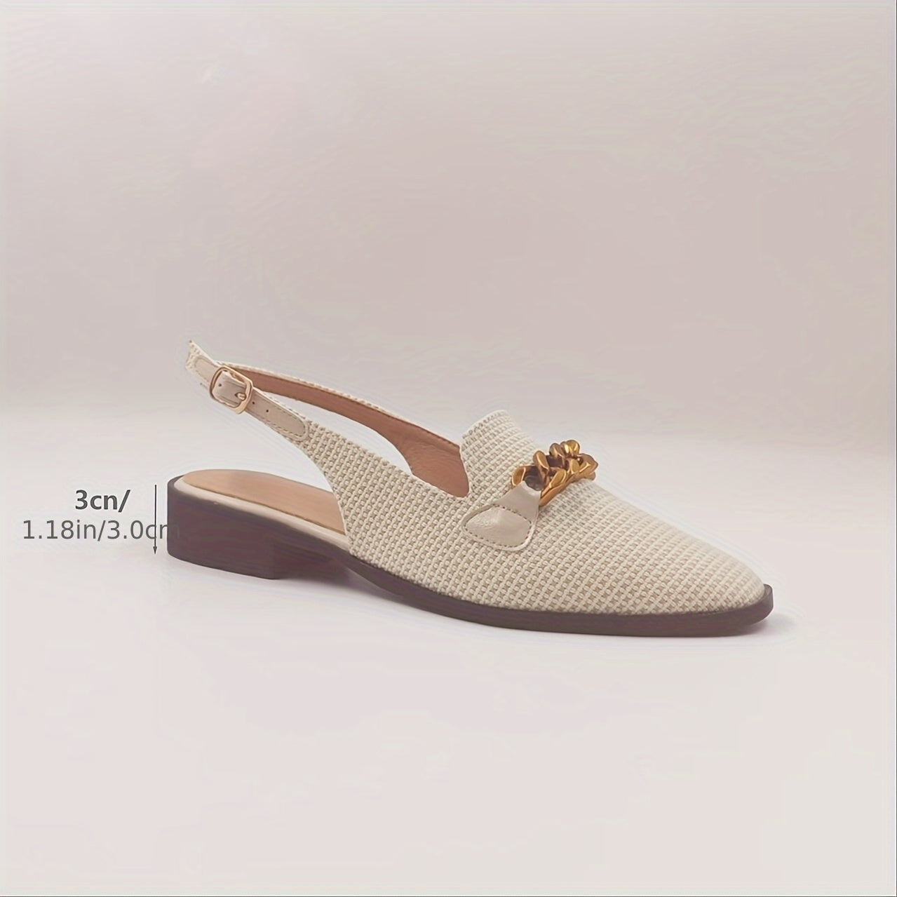 Elegant Women's Square Toe Sandals with Golden Chain Detail, Beige Linen Upper & Brown TPU Sole, Comfortable Low Heel Design for Parties, Office, and Casual Wear, Party Sandals | Square Toe Heels | Polyurethane Insole, High H