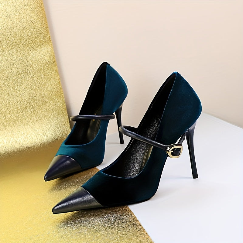 Women's Solid Color Stiletto Heels, Elegant Point Toe Dress Pumps, Fashion Buckle Strap Party Heels