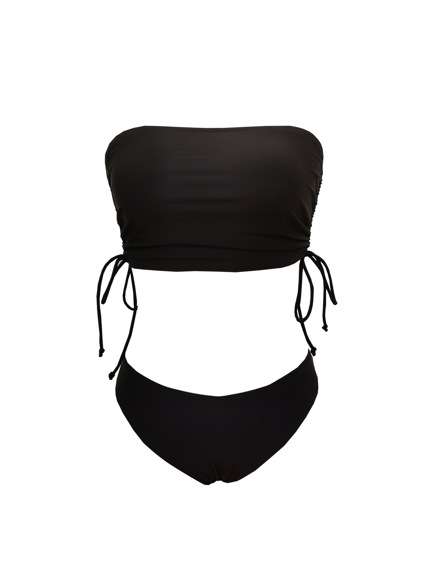 Black Solid Color Bikini Three-Piece Set with a Drawstring Sheer Skirt for Women