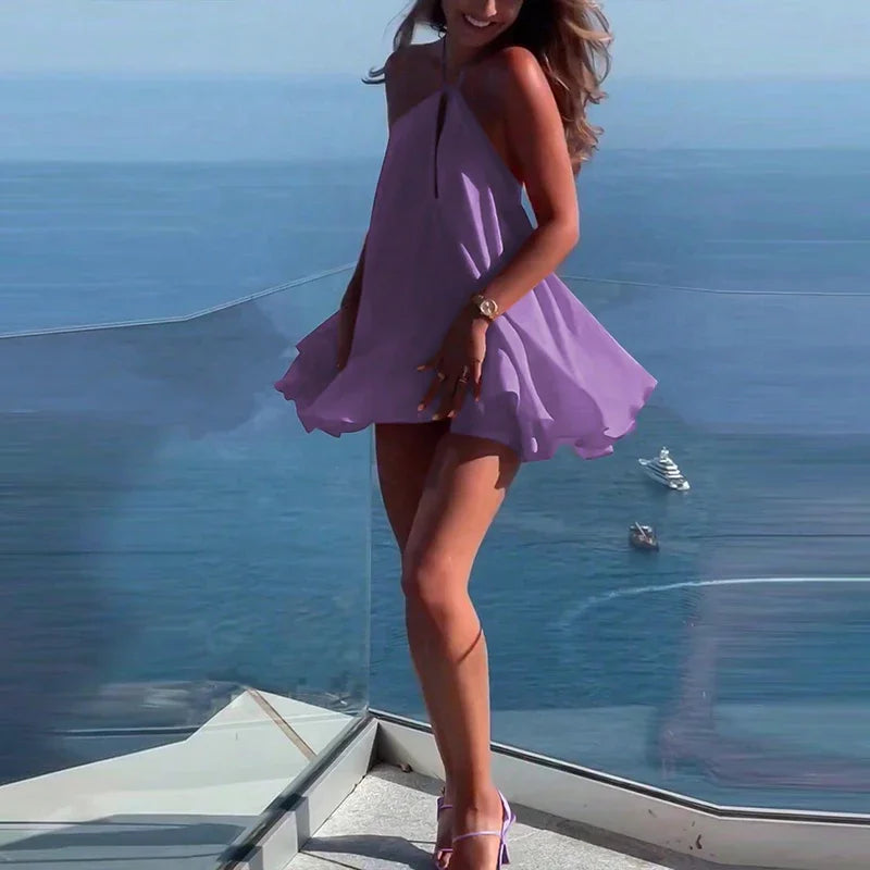 Sexy Elegant Hanging Neck Sleeveless Backless Mini Dress Women Fashion Cross Backless Pleated Beach Dresses Holiday Clothing