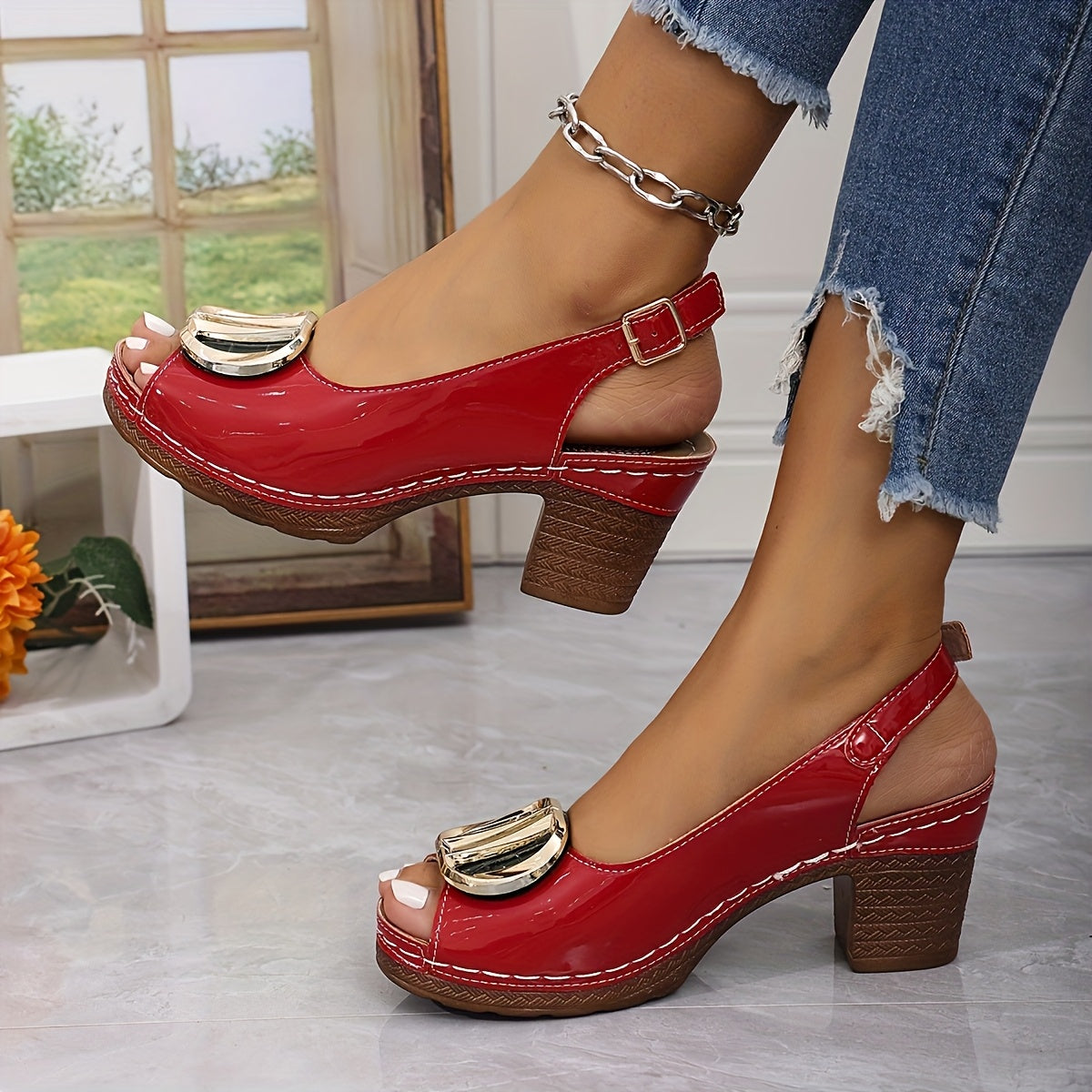 1 Pair Fashion Summer Sandals for Women, Solid Color Open Toe Block Heel Pumps with Buckle Closure, PU Upper/Inner/Sole/Insole, Versatile One-Strap High Heels for Dresses