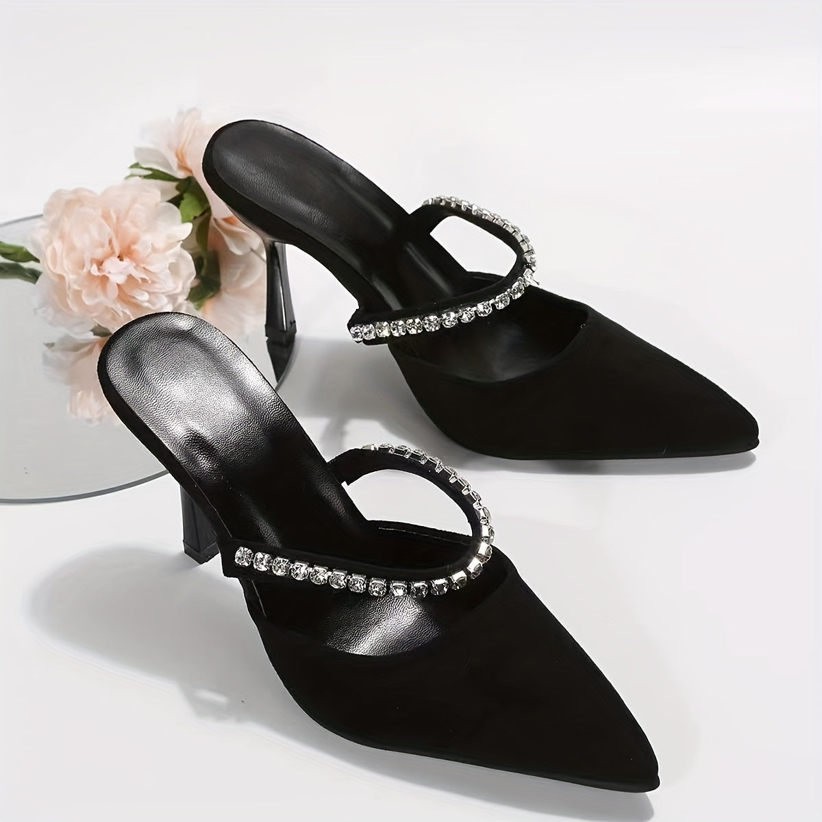 Women's Backless High Heels, Rhinestone Pointed Toe Slip On Stiletto, Elegant Banquet & Party Shoes