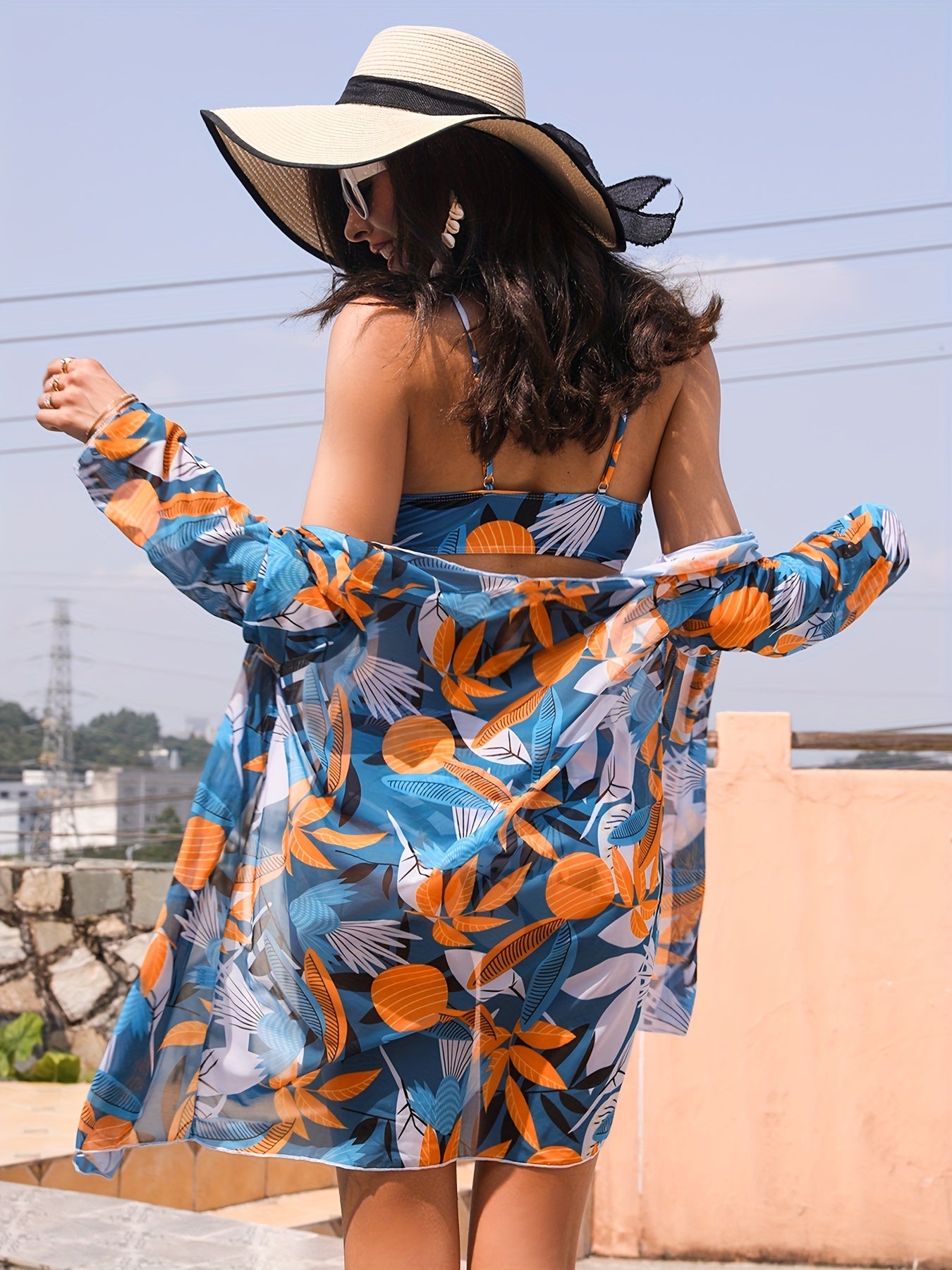 Leaf Print Tie Front Ring Belt Decor 3 Piece Swim Suit, Spaghetti Strap Stretchy Bikini With Open Front Long Sleeve Cover Up, Women's Swimwear & Clothing