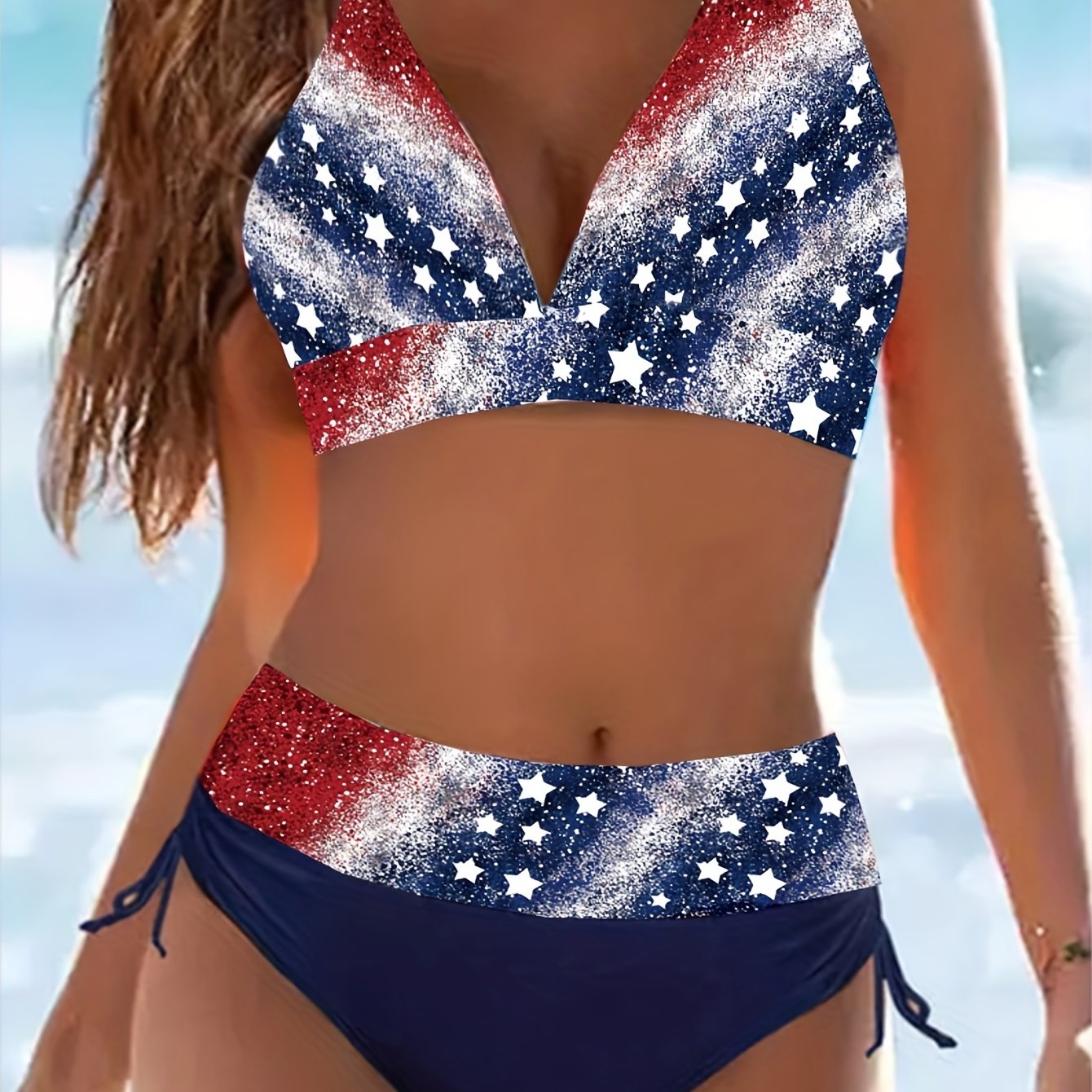 Patriotic Glitter Print Halter Neck Bikini Set, Long Sleeve Swimwear with Lace-up Detail, High Stretch Polyester & Spandex Knit Fabric, 195gsm Thickness, Conventional Bottom, American Flag Design for Swimming