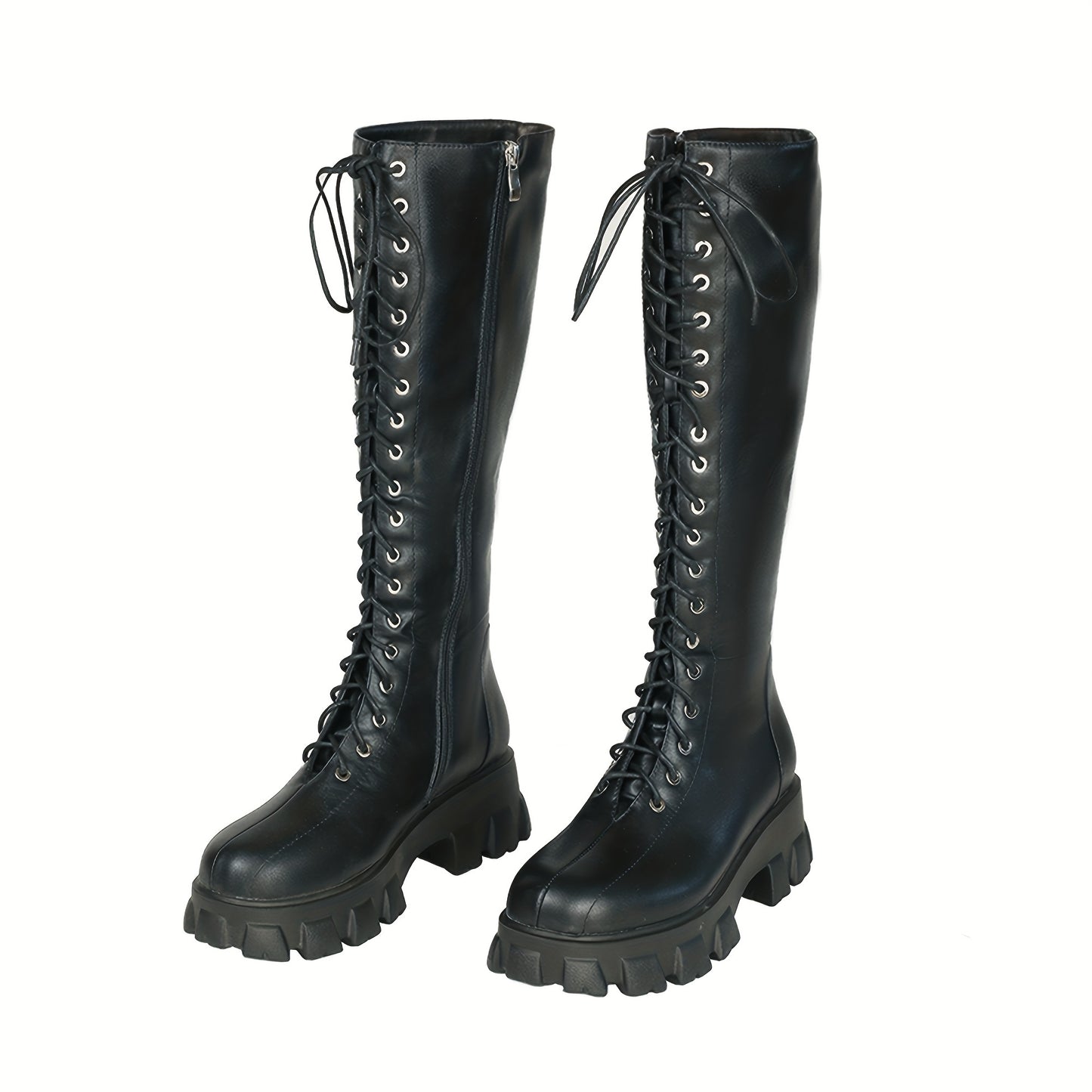Women's Black Knee High Boots, Laces Up Eyelets Round Toe Long Boots, Sawtooth Sole Flat Heels Shoes