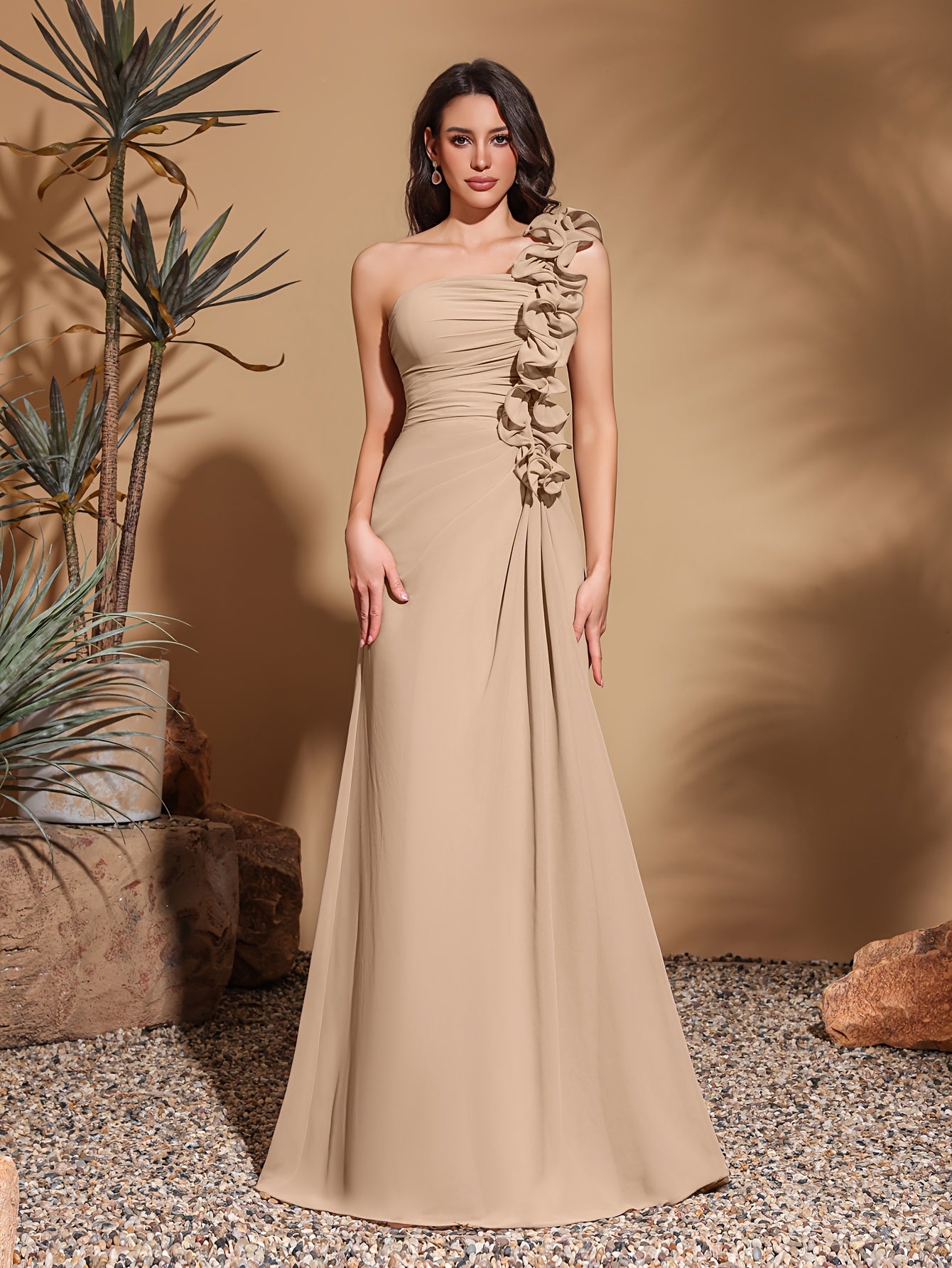 Single Shoulder Lace Decorated Chiffon Pleated Dress, Elegant and Chic Evening Gown, Women's Long Skirt, Party Dress, New in 2025, New Women's Evening Gown, Host Performance Dress, Bridesmaid Dress, Casual Dress, Prom Dress,