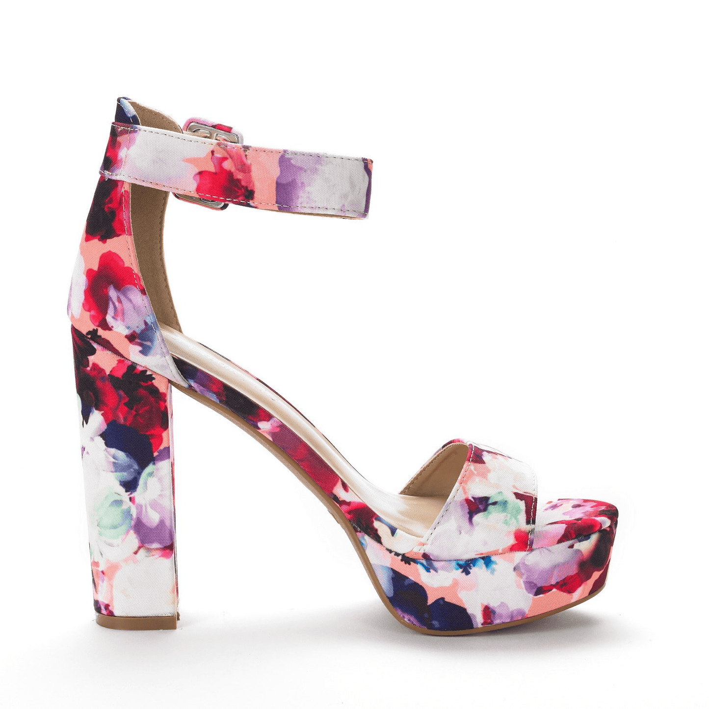 Women's Floral Print High Heel Sandals with Ankle Strap – Elegant Thick Heel Platform Pumps for Parties, Open Toe Design, Fabric Upper & TPR Sole, Hand Wash or Dry Clean, Elegant Sandals | Floral High Heels | Fabric Upper S
