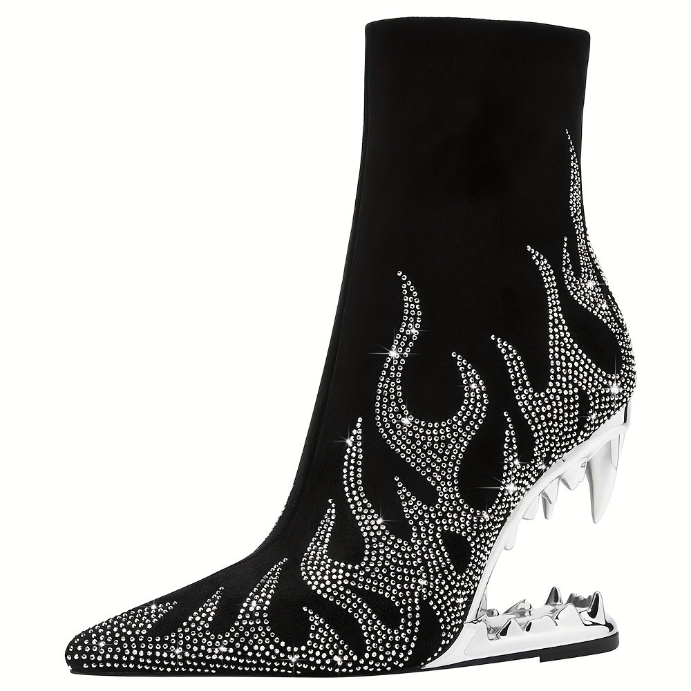 Fashion Women's High Heels - Shiny Rhinestone, Flame Pattern, Pointed Toe, Side Zipper, Cool Shark Teeth Design, Perfect for Party Nightclub, Ankle Booties