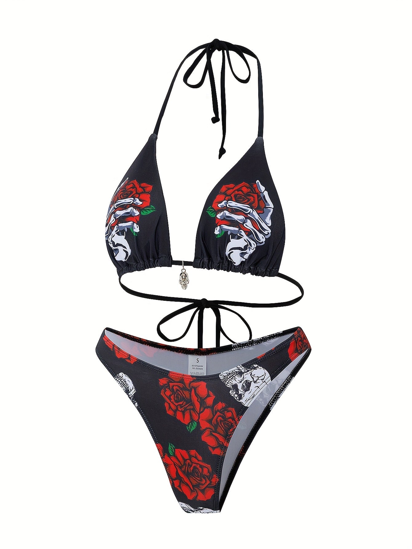 Halloween Skeleton & Flower Print Triangle 2 Piece Set Bikini, Spaghetti Strap Backless Stretchy Gothic Style Swimsuits, Women's Swimwear & Clothing Carnaval & Music Festival