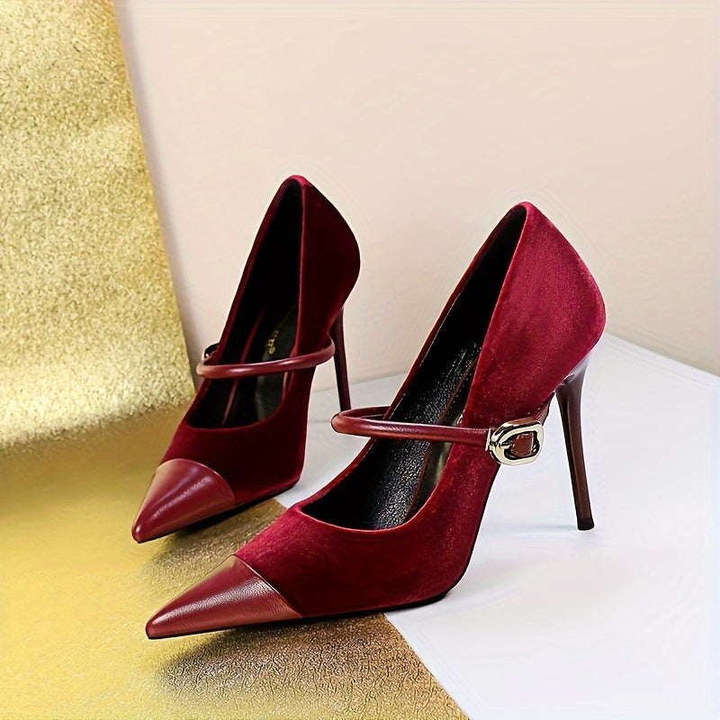 Women's Solid Color Stiletto Heels, Elegant Point Toe Dress Pumps, Fashion Buckle Strap Party Heels